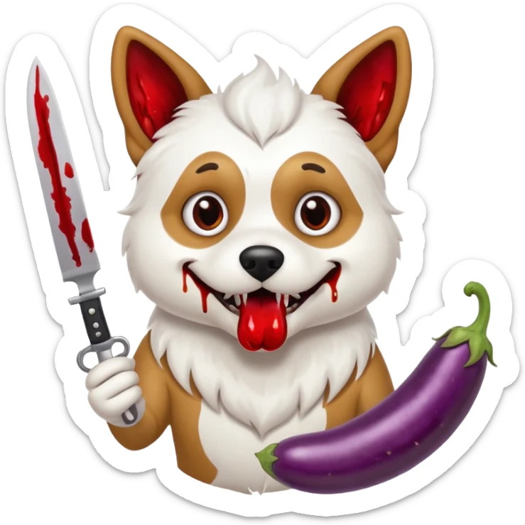 cartoon dog with manic eyes gripping blood-stained knife and eggplant in mouth sticker
