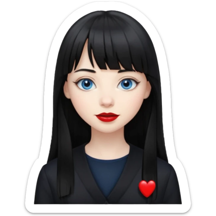 20 yr old woman long straight black hair, pale skin, blue eyes, red lipstick, black clothes, small smile, bangs sticker