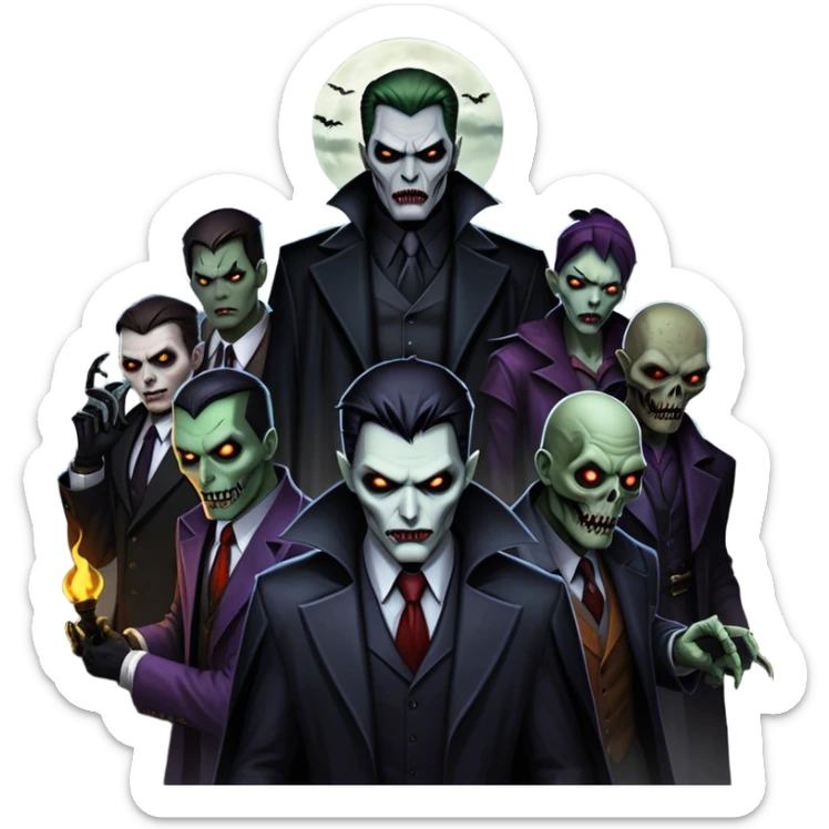 Icon for Thriller Movies: A large, dramatic collage featuring sinister villains and zombies in dark clothing. The background shows the gloomy cityscape of Gotham with dim lighting and eerie shadows. The atmosphere should be tense, mysterious, and suspenseful. Transparent background. sticker