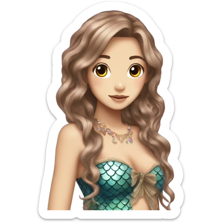 mermaid hime gyaru girl, scales on cheeks, brown hair sticker