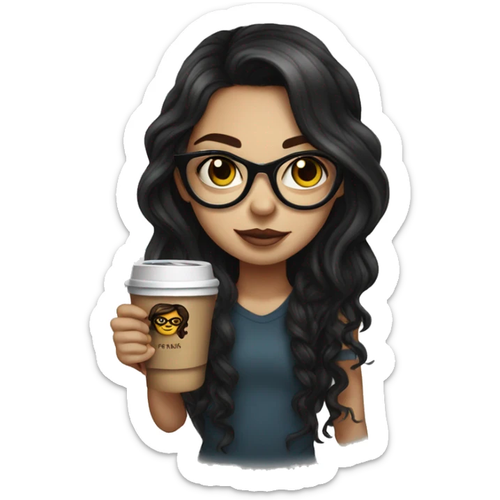 girl with long coffe brown hair, black eyes and glasses. tattoo and medusa piercing. sticker