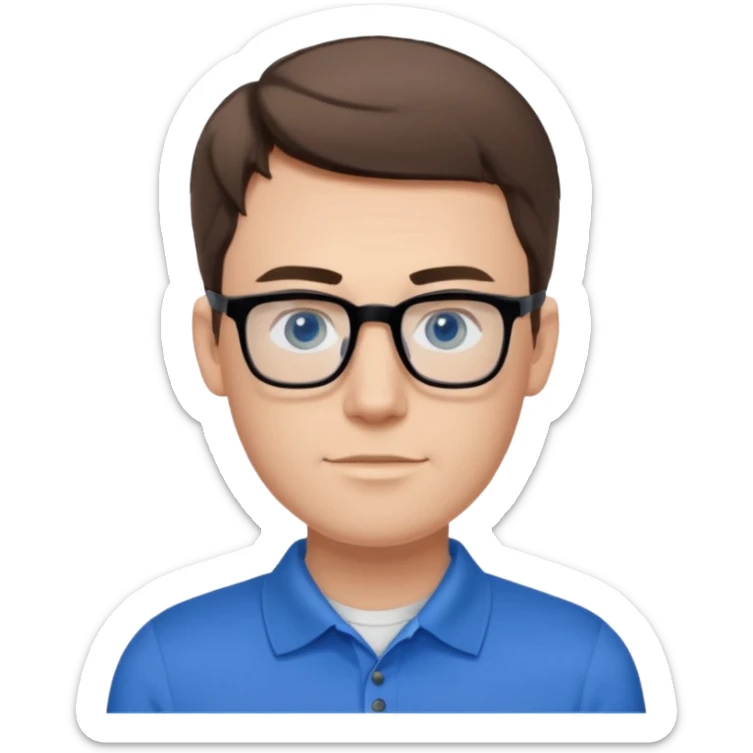 Scott The WozYoung white man, late 20s, short brown hair, blue eyes, clean-shaven, thin black rectangular glasses, slim build, wearing a blue polo shirt, friendly and energetic look. sticker