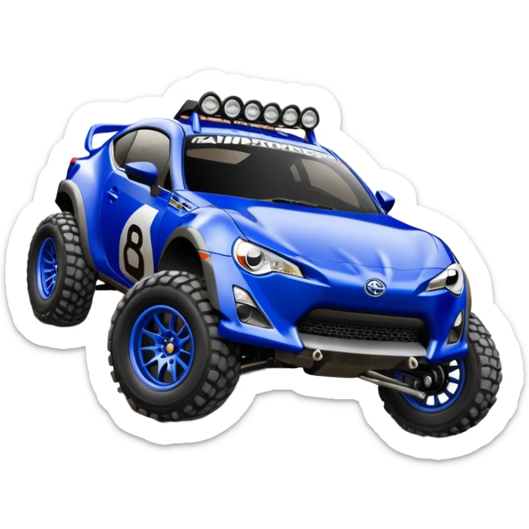 LCG Armored Dirty raced redneck jacked 2013 scion fr-s ultramarine off road 4wd monster Baja dessert stadium rock racer number 86 with long travel suspension, shiny silver wheels, exaggerated wide black fender flares  sticker