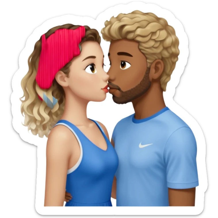 A girl with very long  balayage brown & blond curls kissing a boy with brown short hair and a very short beard. She wears an elegant ress white and he wears a blue sports shirt from nike sticker