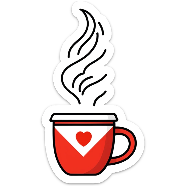 Red mug of coffee with a community coffee logo and a heart above the hot steam sticker
