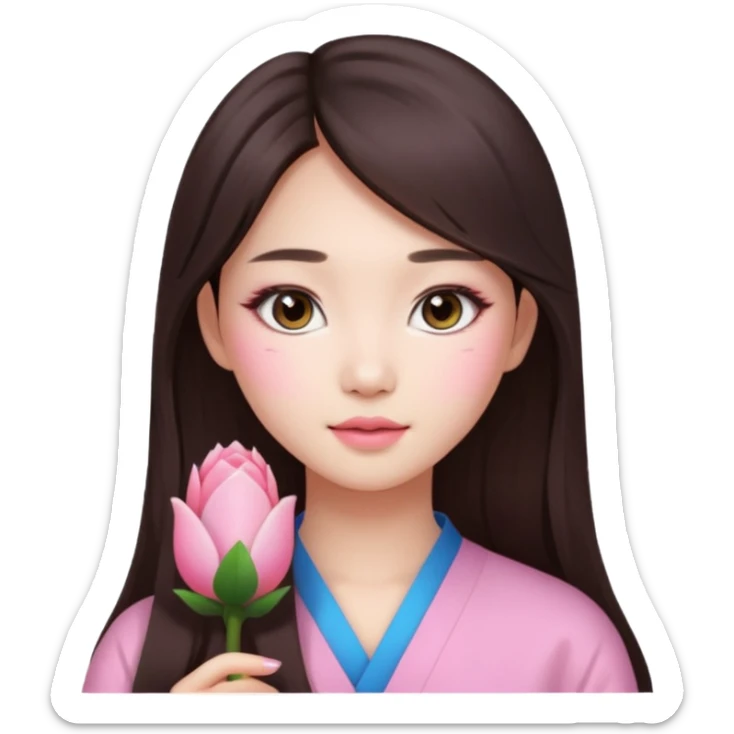 Asian girl with long brunette hair, white skin, makeup pink natural  sticker