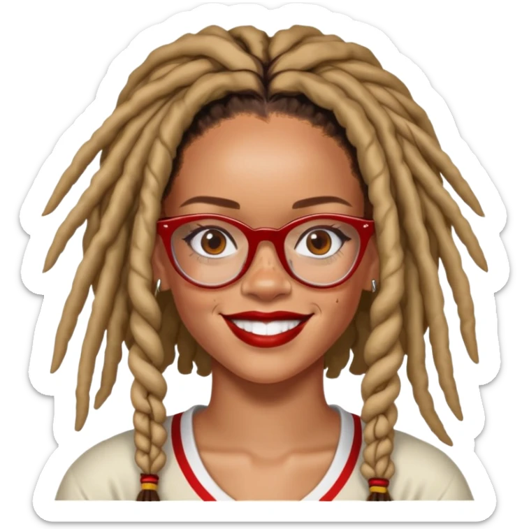 Rihanna with freckles and soccer mom dreadlocks island red and white jersey and cateye eyeglasses beautiful smile sticker
