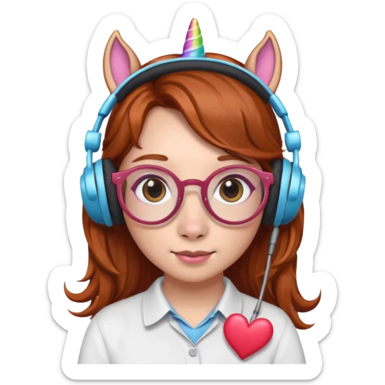 headphone wearing unicorn with dark ginger hair and heart shaped spectacles sticker