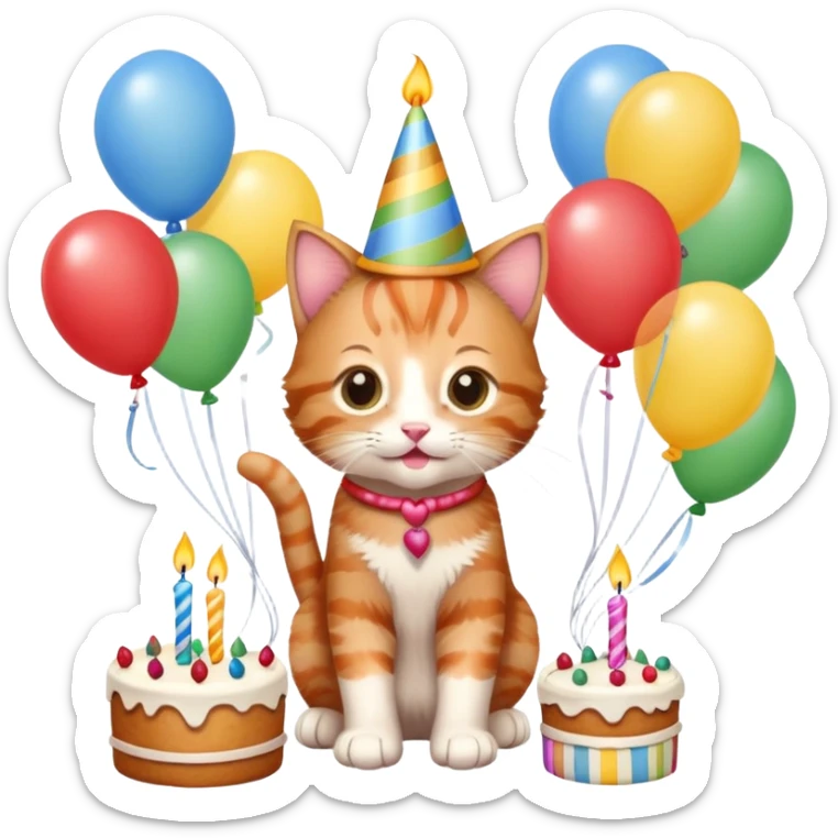 Ginger tabby kitten celebrates birthday, birthday hat, birthday cake, one candle, balloons, happy, gifts sticker