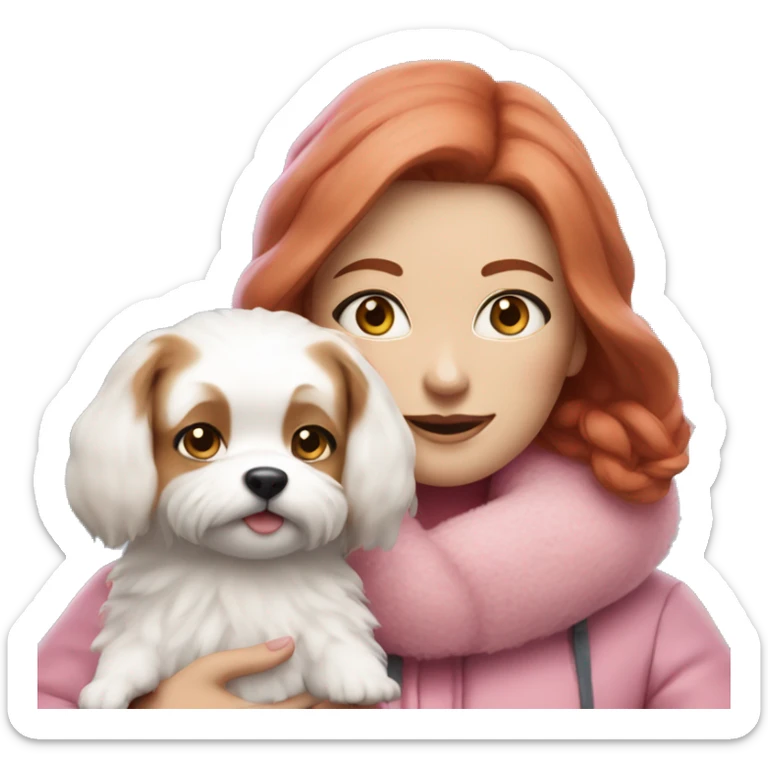 Woman with red hair and blue eyes wearing pink winter clothes holding a small white dog with fluffy fur  sticker