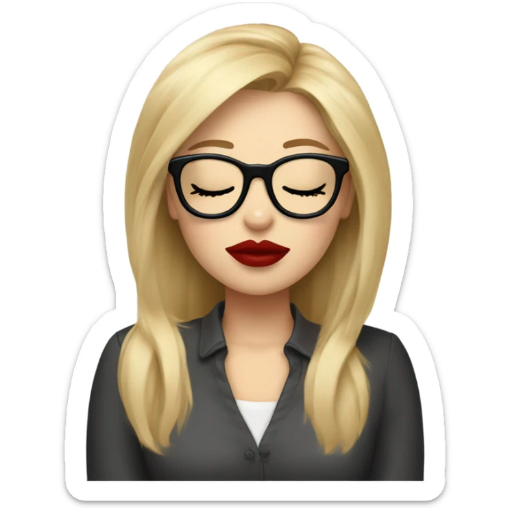 White girl, blonde hair, eyes closed, red lipstick,  wearing glasses kisses Yorkshire terrier  sticker