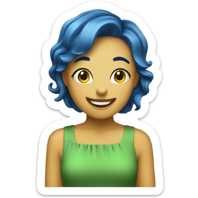 yellow girl with a very short blue pixie cut who is very happy and a green dress sticker