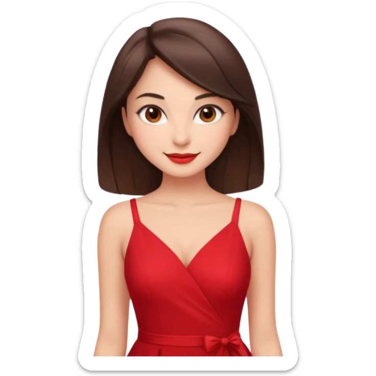 Cartoon emoji of a young brunette woman with fair-medium skin, brown eyes, wearing a red outfit. Full-height, standing confidently in a red dress  posing sexy with a smile and relaxed posture. Smooth, friendly, stylized, make up on, flirty eyes and smile in a sexy position  sticker