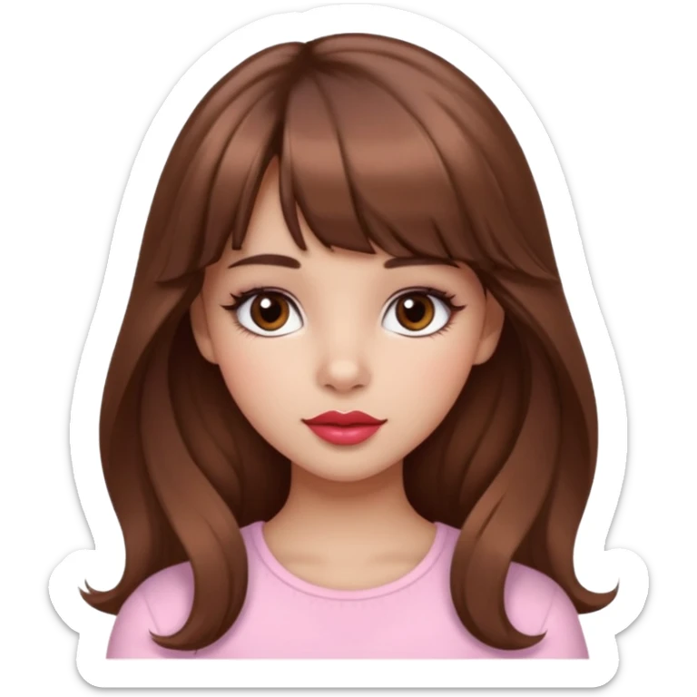 A girly girl with medium skin, soft pinkish cheeks, large bambi dark hazel eyes with long eyelashes, long wavy brown hair with full soft bangs, medium straight nose with a soft tip, medium natural red lips,very feminine and pretty features, sticker