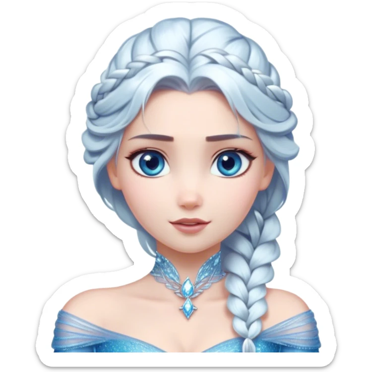Cinematic Stunning Elsa Portrait Emoji, Ice-blue gown shimmering, platinum hair flowing in a graceful braid, piercing blue eyes glowing with icy magic, an aura of regal power and breathtaking beauty, frozen elegance at its finest! sticker