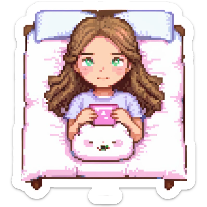 Girl lying on a pink pillow, light brown hair, gray eyes, iOS 18 style sticker