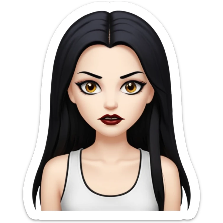 White woman with a white tank top long black hair glossy middle part straight long hair vamp look with fangs brown eyes eyeliner winged with lashes top and bottom white border big lips black eyebrows sticker