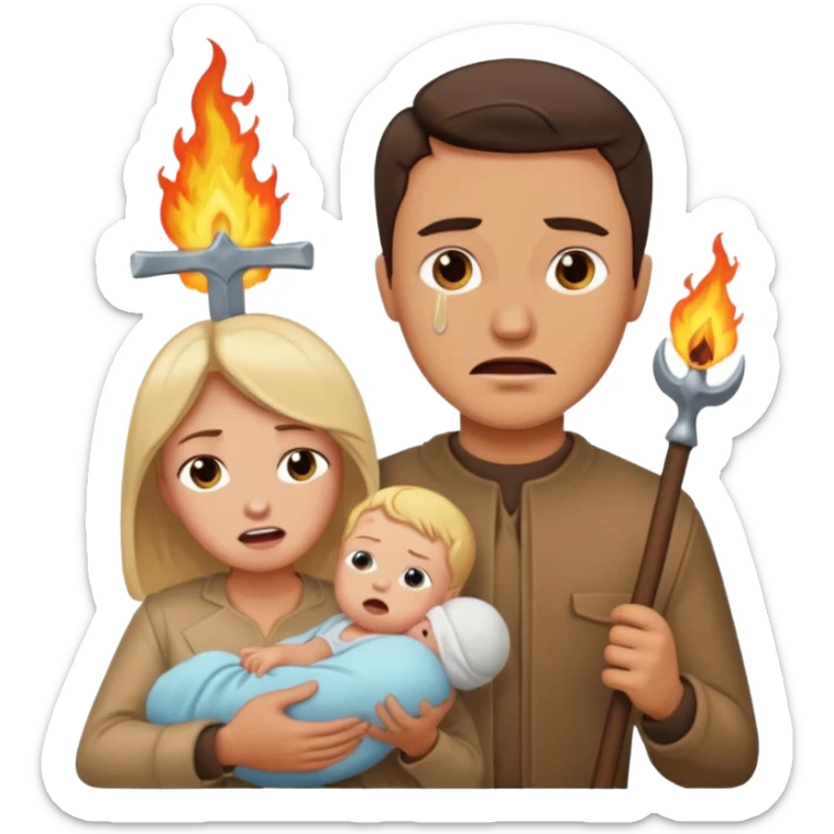 woman being burned in front of a very handsome man carrying a baby sticker