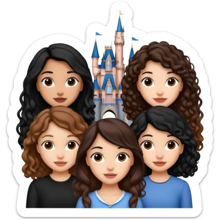 Quiero que crees una imagen donde este el castillo de Disney y por detrás o delante pon a 4 chicas: una con el pelo largo rizado marrón , otra con el pelo muy corto negro, como un chico, otra con el pelo mediano liso marrón y otra con el pelo negro largo liso  sticker