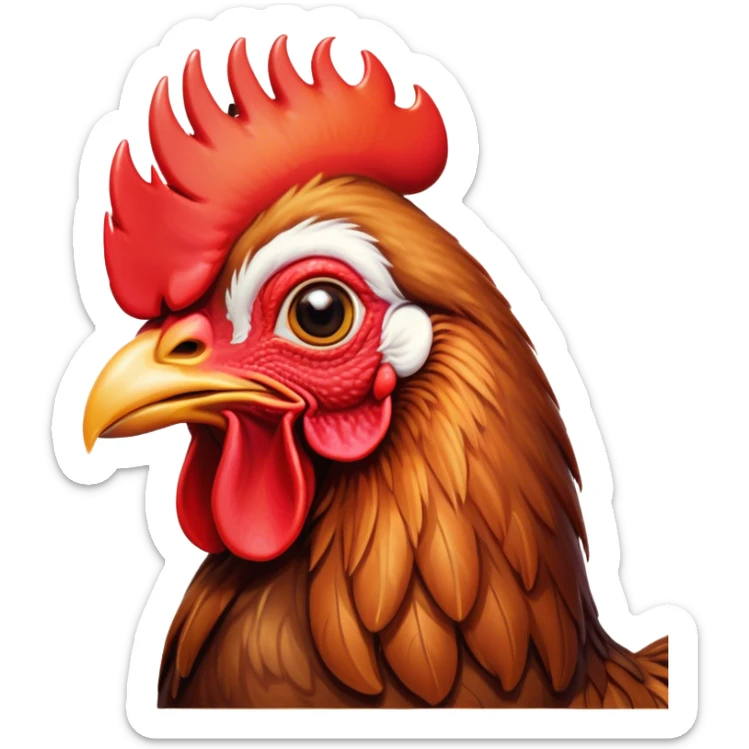 Cinematic Cute Brown Rooster Portrait Emoji, Head tilted playfully and inquisitively, featuring a glossy, immaculate brown plumage with a vibrant red comb, round, sparkling warm eyes filled with curiosity, Simplified yet irresistibly adorable features, highly detailed, glowing with a warm, friendly glow, high shine, affectionate and spirited, stylized with a touch of farmyard whimsy, bright and endearing, soft glowing outline, capturing the essence of a mischievous yet loving rooster, so playful it feels like it could strut out of the screen and into your arms! sticker