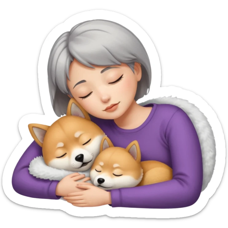 Create a short hair gray hair girl sleeping cuddling a shiba sticker