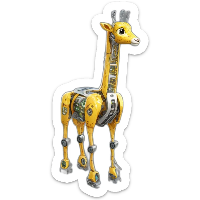 Una girafa robotica con patrones de circuitos brillantes en su piel, piernas con juntas móviles y piezas de metal relucientes sticker