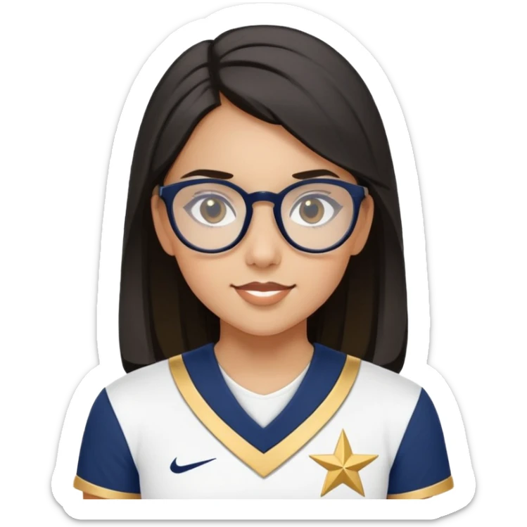 Medium skin girl wearing black prescription glasses with cheer uniform in the color navy white and gold. Saying STARS on uniform top.  sticker