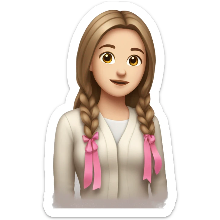 white girl, cardigan white, long straight brown hair, pink ribbon  sticker