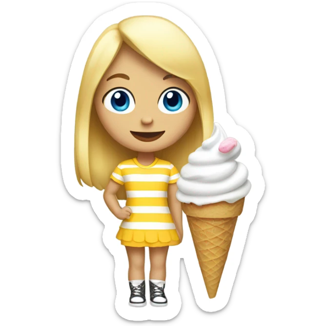 Girl with blonde hair, blue eyes, yellow striped shirt, holding vanilla ice cream cone sticker