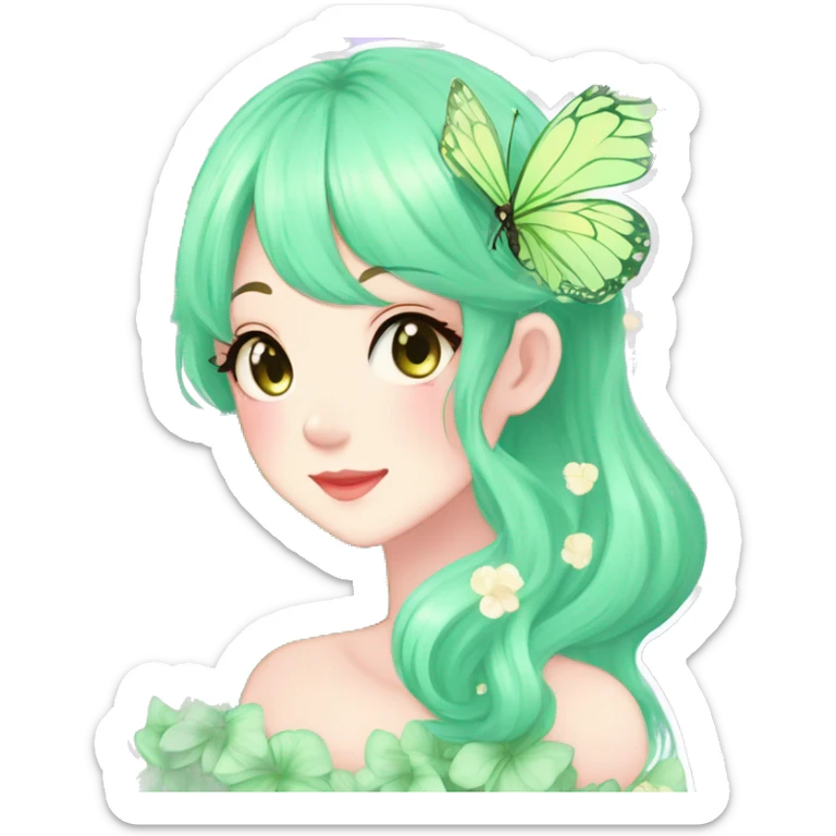 Gorgeous Shiny Pastel Green Anime-Style Lady Butterflies flower petals leaves cottagecore fairycore pastelcore kawaii aesthetic trending style sticker