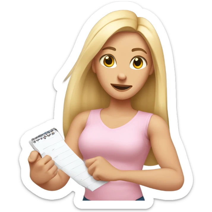 White woman with long blonde hair, wearing a light pink shirt, showing off a completed to do list in one hand, and flexing the muscles in her other arm sticker