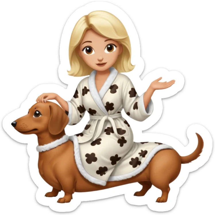 A blonde curvy woman riding on top of a dachshund wearing a robe sticker