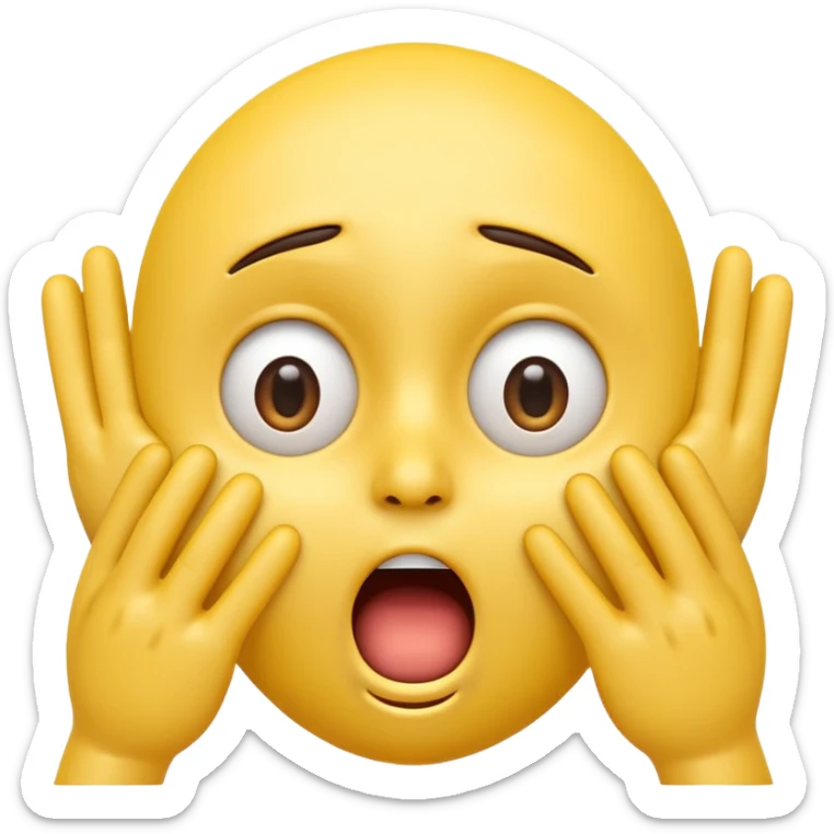 A 3D glossy yellow emoji of a shocked horrified face, with mouth and eyes are wide open, eyebrows  raised, and hands against their cheeks, face has no nose, black background, high quality, soft studio lighting sticker