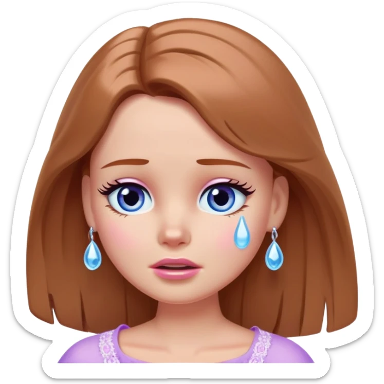 Barbie girl Chestnut Shoulder-length hair and blue eyes is In pale purple crying with tears  sticker