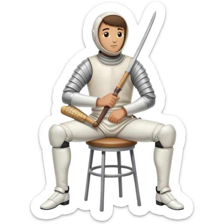 epee fencer sitting on a stool holding a fencing mask under his arm waiting for the match sticker