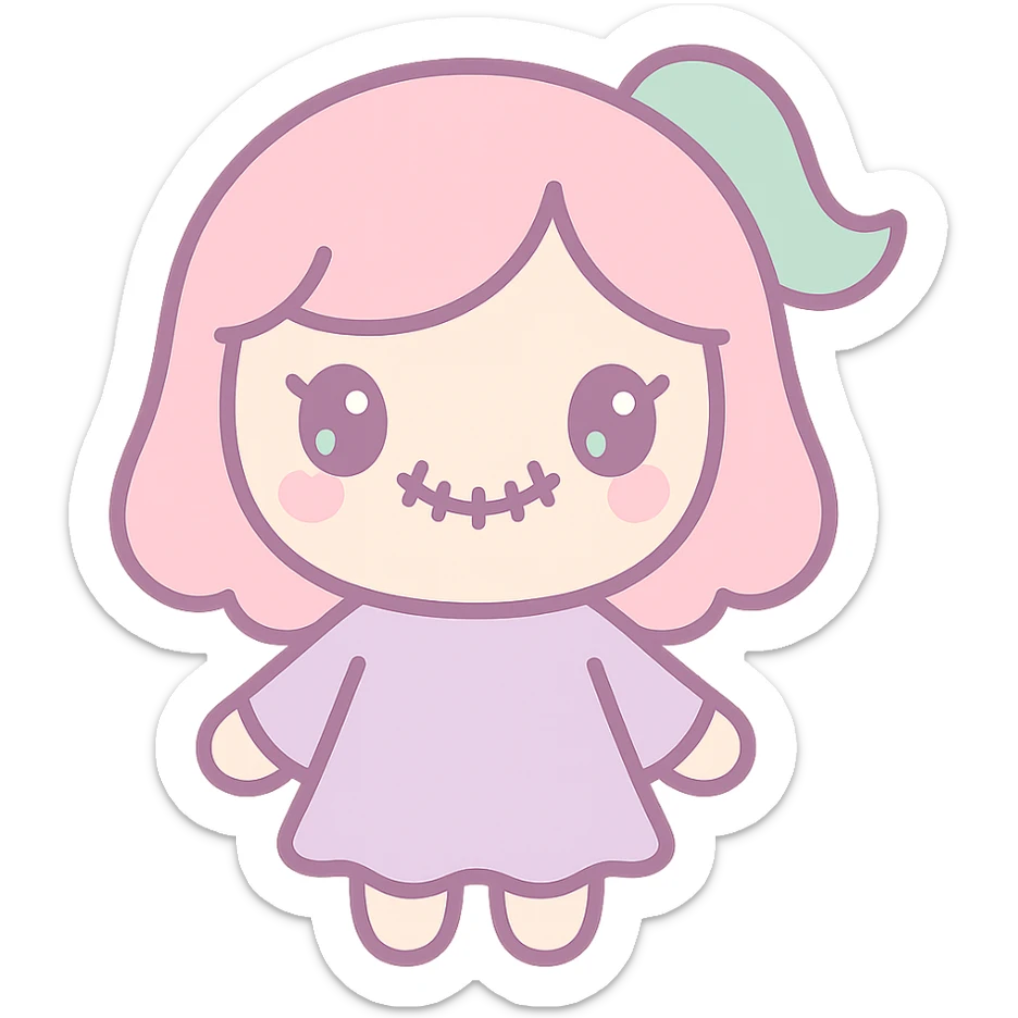 scary cute woman, stitched smile, pastel colors, kawaii style sticker