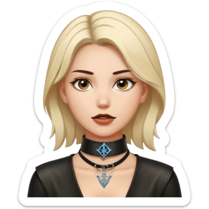 Leather choker with sigil around woman’s neck, pulse visible, dominance tone sticker