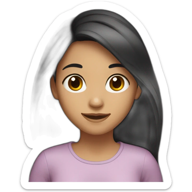 Girl with long dark hair, a little tanned, dark brown eyes, smiling sticker