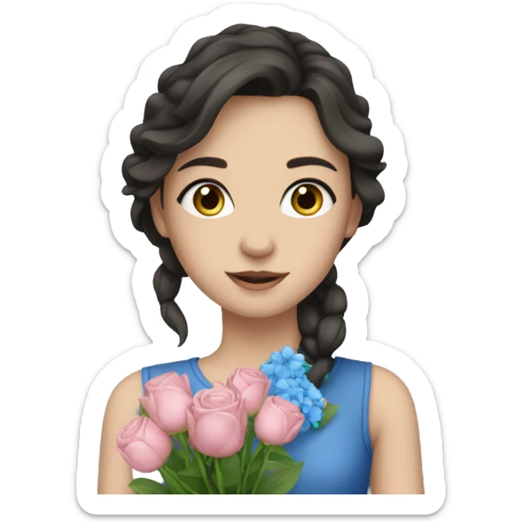 European Girl with dark hair and blue eyes with bouquet  sticker