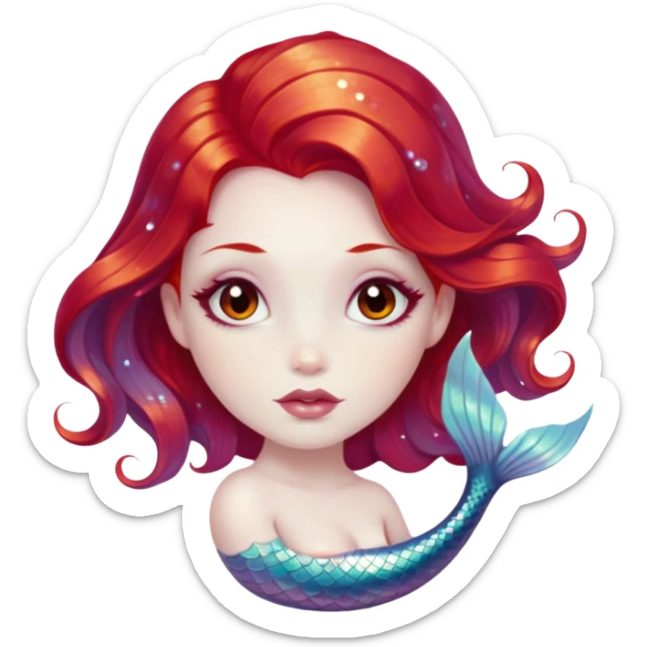 Cinematic Realistic Red Hair Mermaid Portrait, depicted with lifelike porcelain white skin that glows with an ethereal radiance, enhanced by soft underwater lighting. Her intricately detailed, flowing red hair cascades like liquid fire, framing deep, soulful eyes that mirror the mysteries of the deep sea. Accented by shimmering, iridescent scales and delicate aquatic embellishments, the portrait features an enchanting underwater glow that marries realism with mythic ocean elegance. sticker