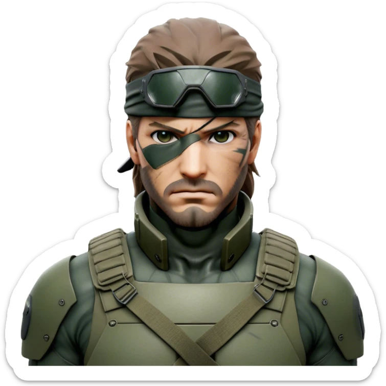 Cinematic Realistic Metal Gear Solid Snake Soldier Portrait, depicted with steely determination and tactical precision. Clad in intricately detailed combat attire in consistent muted greens, browns, and blacks, his rugged, weathered features and piercing eyes exude relentless resolve. Rendered with lifelike texture and dramatic, natural lighting, high shine, noble and stealthy, capturing the essence of a legendary soldier operating in the shadows. sticker