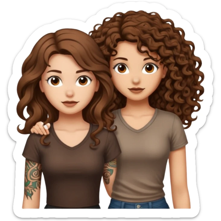 formula drawing — long wavy brown hair tattooed woman and short tight curly brown hair woman — rune sketch ground sticker