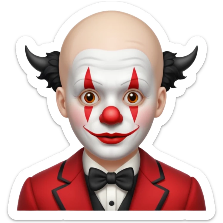 Crea un payaso con cara blanca sin pelo con cuernos negros y un traje rojo con negro sticker