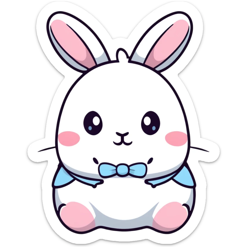 A chubby bunny character in exact Sanrio style like Kuromi and Cinnamoroll, ultra cute, super simplified kawaii design, oversized head on tiny body, rosy cheeks, small dot eyes, simple bow, pastel pink and soft blue colors, pure white face, thick black outline sticker