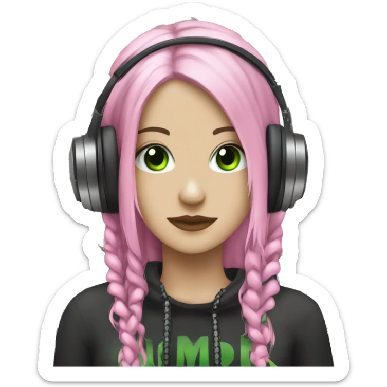 White skinned woman, green eyes, black dreadlocks, pink headphones, gothic, grunge, punk sticker