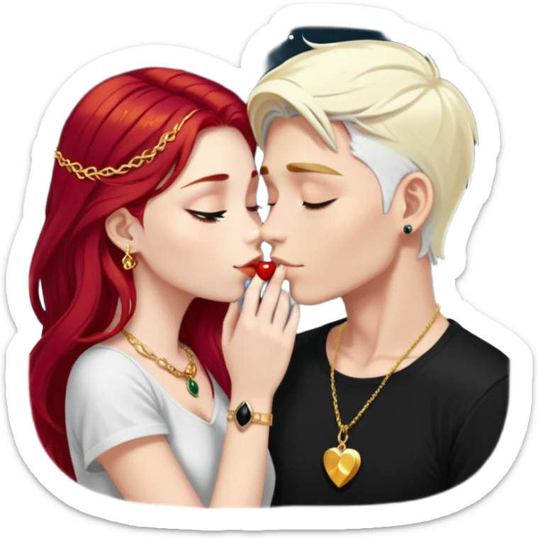 couple kissing, girl with long cherry red hair, blonde eyebrows, gold jewelry, boy with SHORT PURE WHITE hair like snow, dark t-shirt, silver ring with black stone sticker