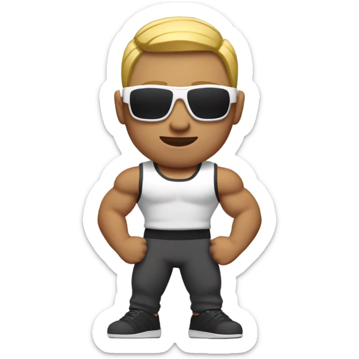 muscular asian personal trainer short golden hair with sunglasses white vest sticker
