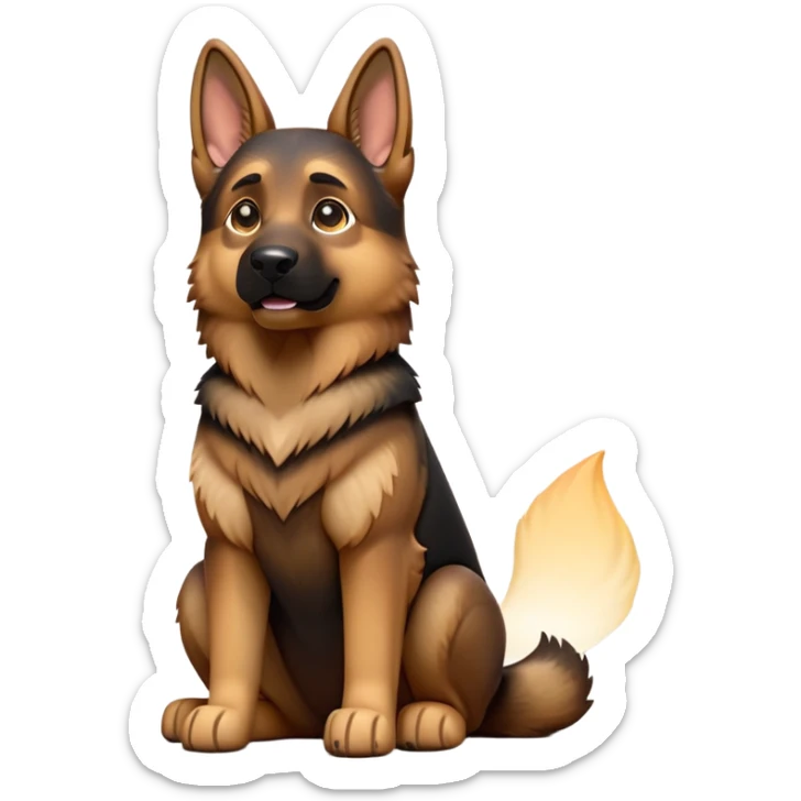 cinematic-[german shepherd]-realistic-full-body-sitting-emoji,-tail-resting-loosely-beside-its-paws,-head-tilted-dramatically,-sleek-[brown and black]-fur,-simplified-yet-realistic-focused-features,-highly-detailed,-glowing-with-an-almost-sarcastic-glow sticker
