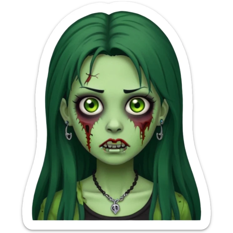 Zombie girl with a facial piercings long black hair green skin sticker