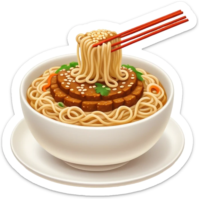 Wuhan Hot Dry Noodles with sesame paste topping, simplified emoji style with bold outlines and bright colors, cartoon style Hubei specialty breakfast sticker